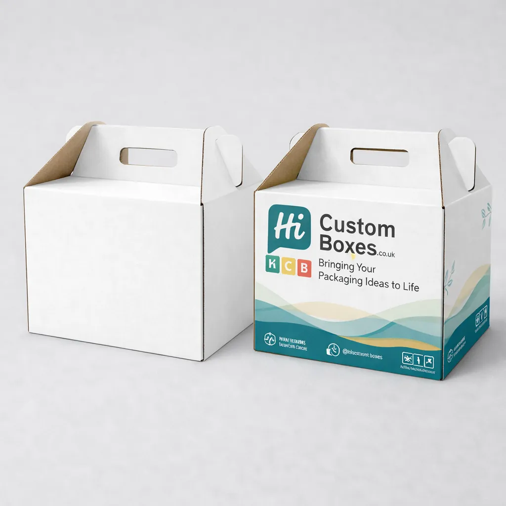 Durable white and custom branded corrugated boxes featuring a built-in handle for convenient retail transport. class=